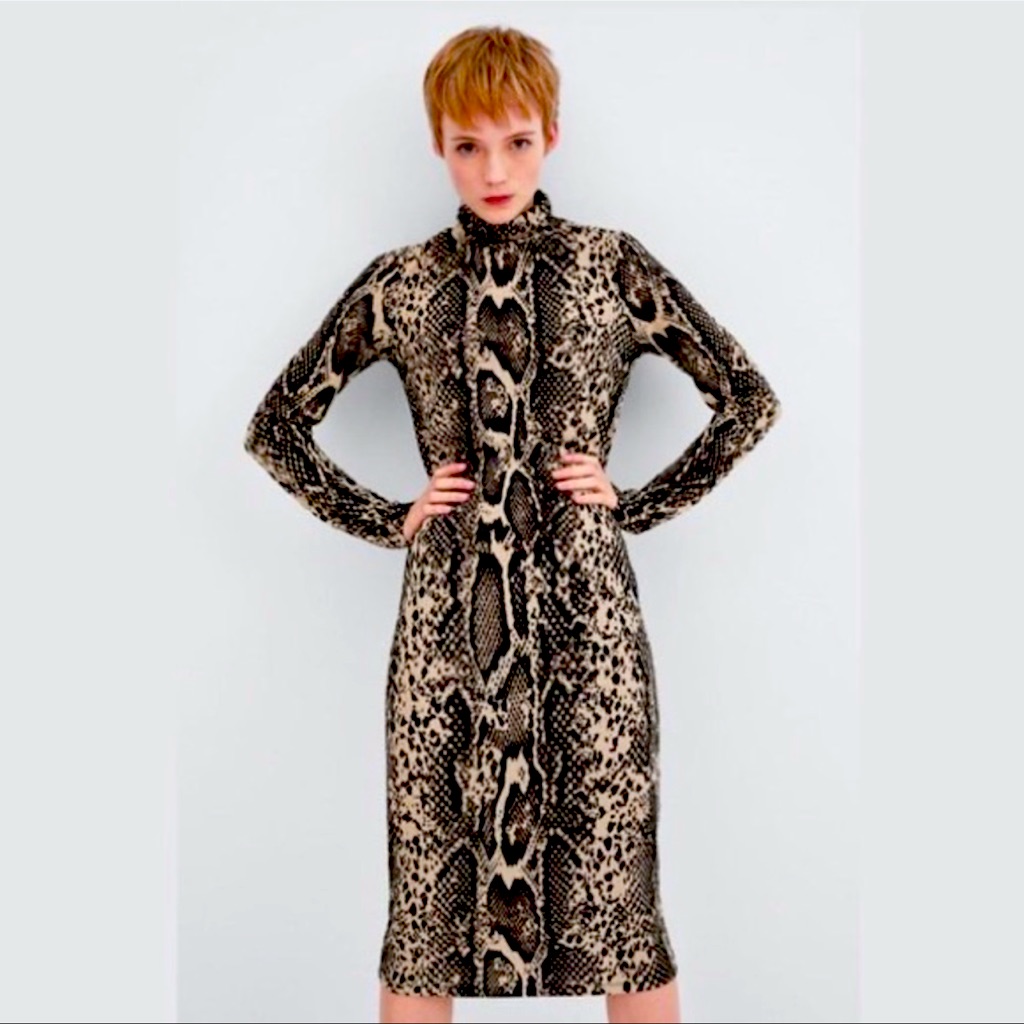 Zara Tan And Black Snakeskin Print Long Sleeve Turtleneck Midi Dress S New